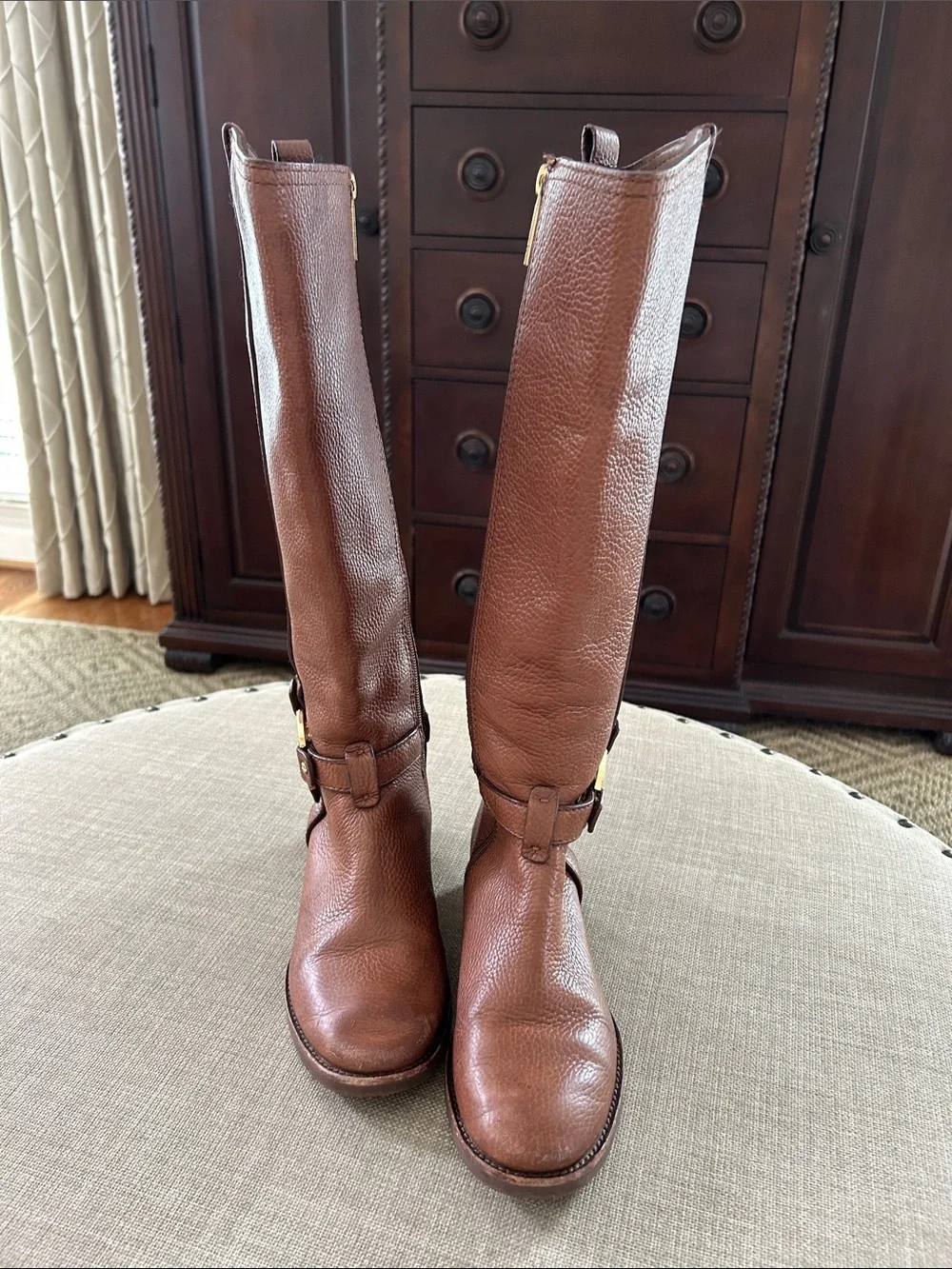 Tory Burch Amanda Cognac Brown Leather Tall Logo Riding Boots (size 5.5)
